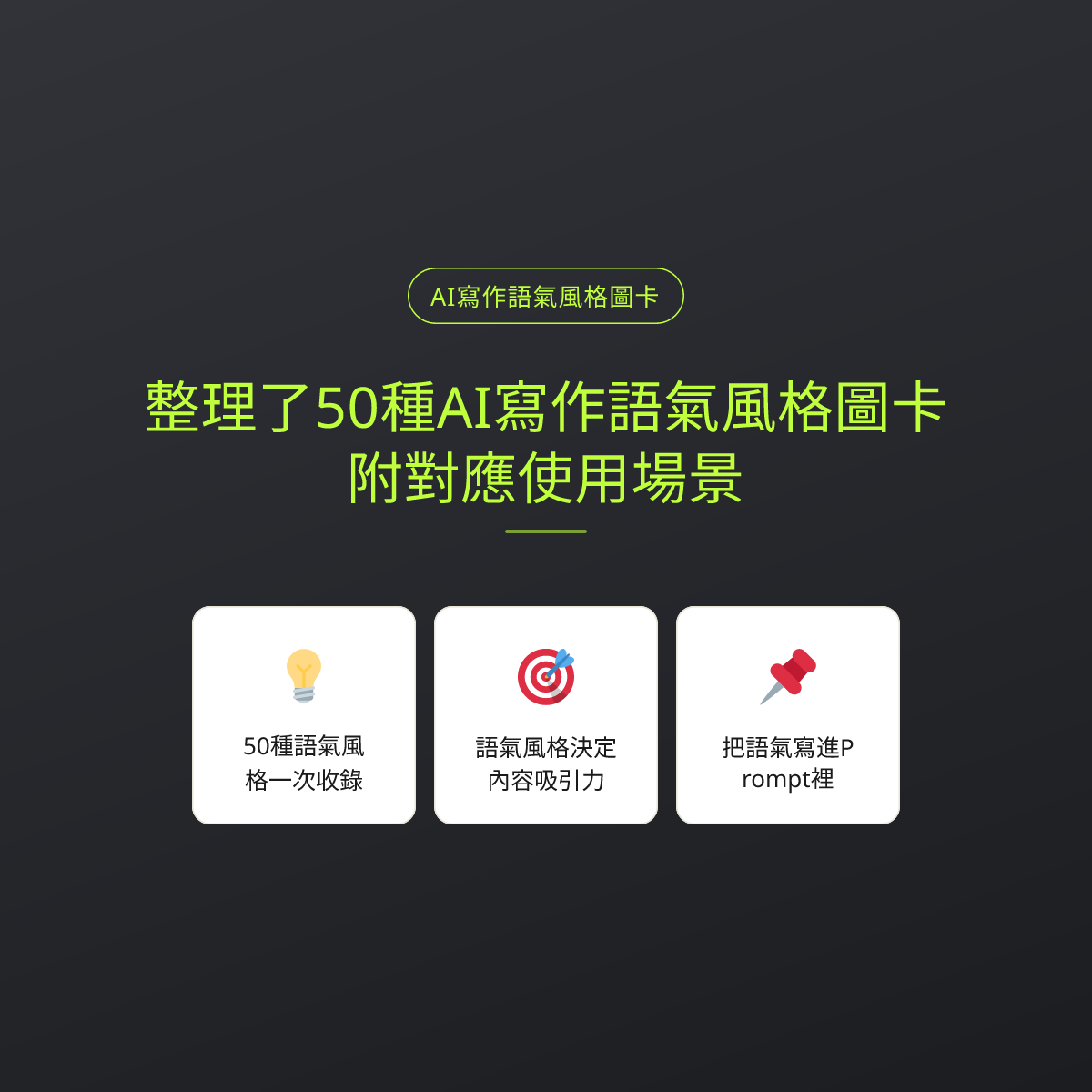 整理了50種AI寫作語氣風格圖卡，附對應使用場景