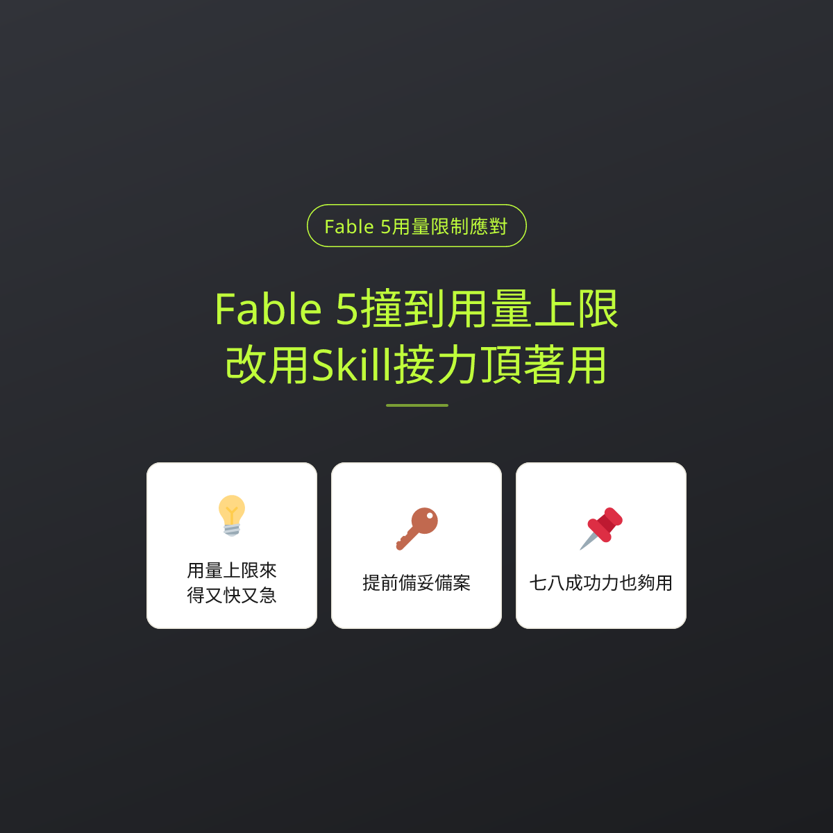 Fable 5撞到用量上限，改用Skill接力頂著用
