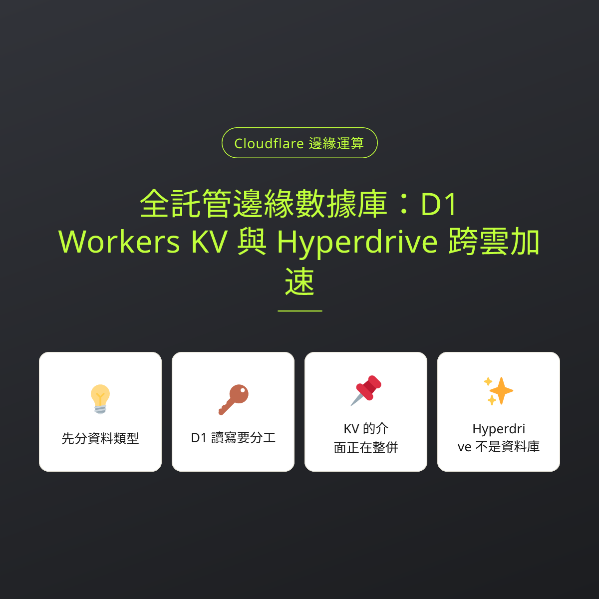 全託管邊緣數據庫：D1、Workers KV 與 Hyperdrive 跨雲加速：文章重點卡