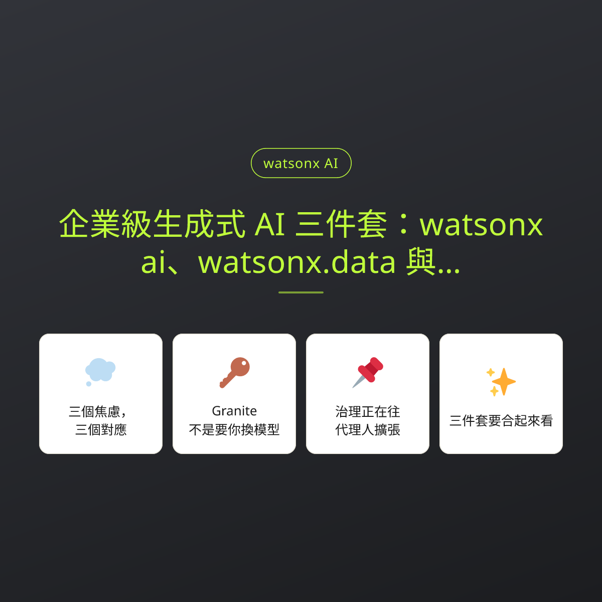 企業級生成式 AI 三件套：watsonx.ai、watsonx.data 與 watsonx.governance：文章重點卡