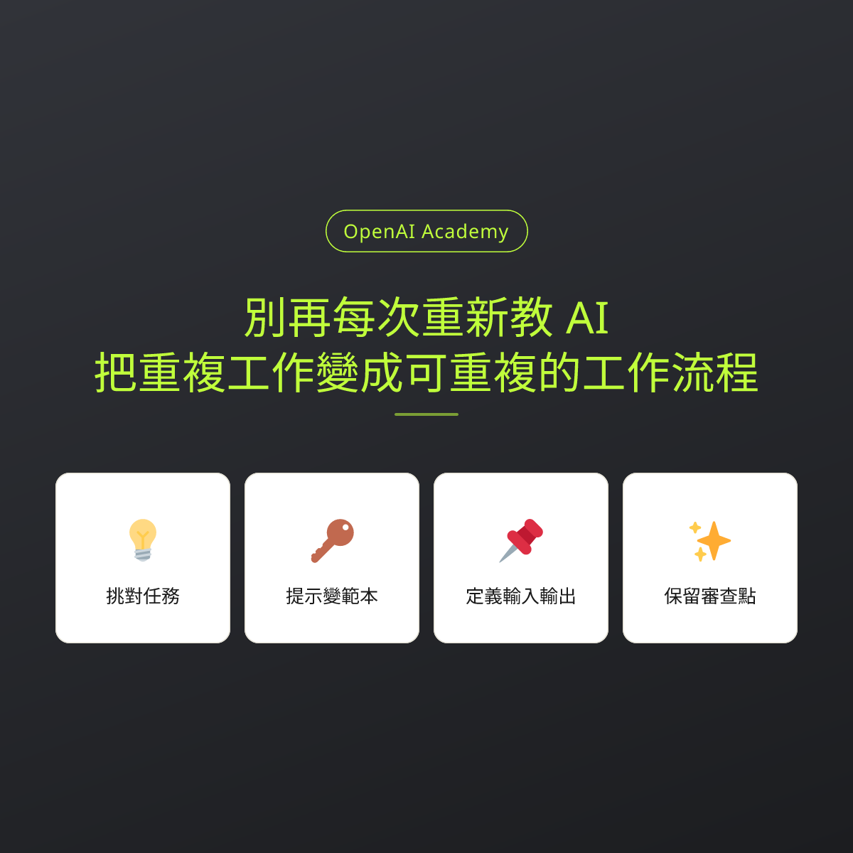 別再每次重新教 AI：把重複工作變成可重複的工作流程：文章重點卡